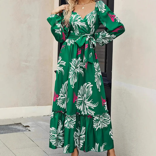 Women's Vacation V-Neck Dress – Floral Print Summer Fashion