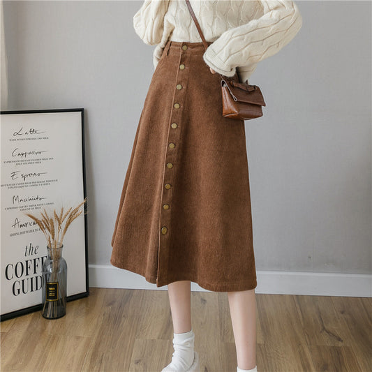 Retro Corduroy A-Line Midi Skirt – Vintage Fashion Style