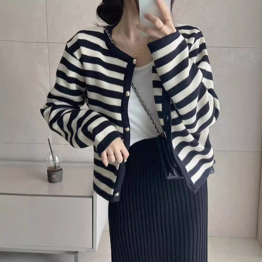 Autumn Striped Knitted Cardigan – Single-Breasted Long Sleeve Sweater